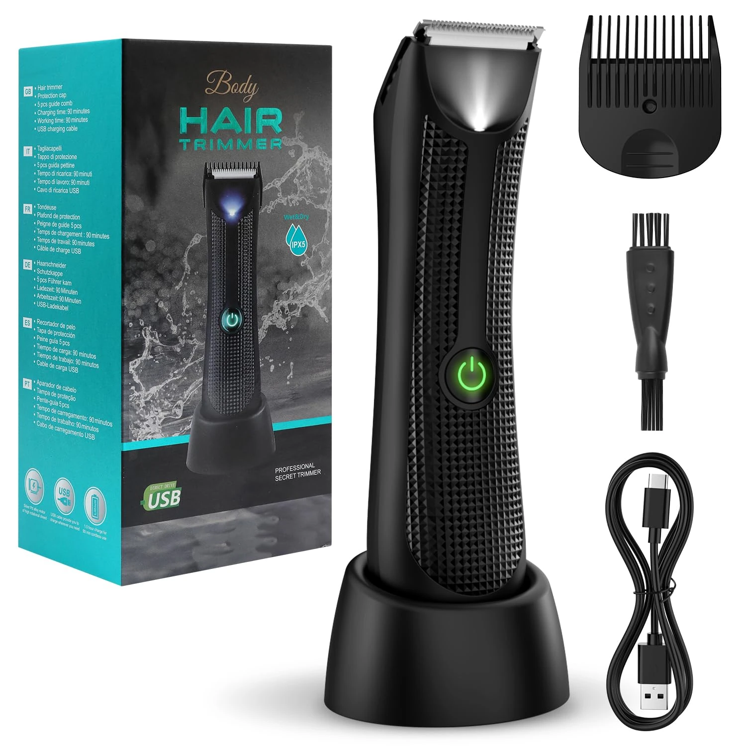 Vexloria Pubic & Body Hair Trimmer for Men, Body Groomer, Electric Groin Hair Trimmer with Ceramic Blade Head, Wet/Dry Shaver with LED Light and Charging Base（Black）