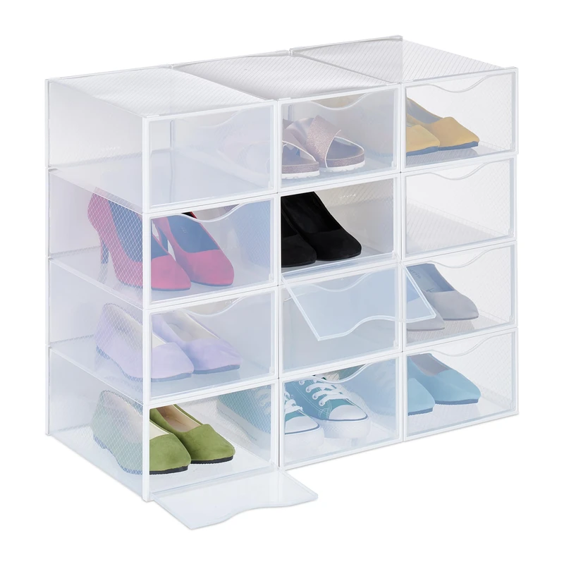 Relaxdays Shoe Boxes 12 Pack, Footwear Organiser, Stackable, Plug-in, up to Size 45, with Ventilation Slots, Transparent, 14 x 23 x 33.5 cm - Image 1