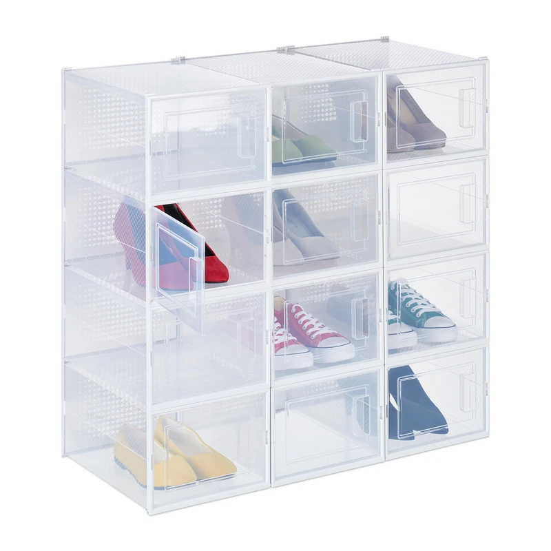Relaxdays Shoe Boxes 12 Pack, Footwear Organiser, Stackable, Plug-in, up to Size 47, with Ventilation Slots, Transparent, 19.5 x 25 x 35 cm