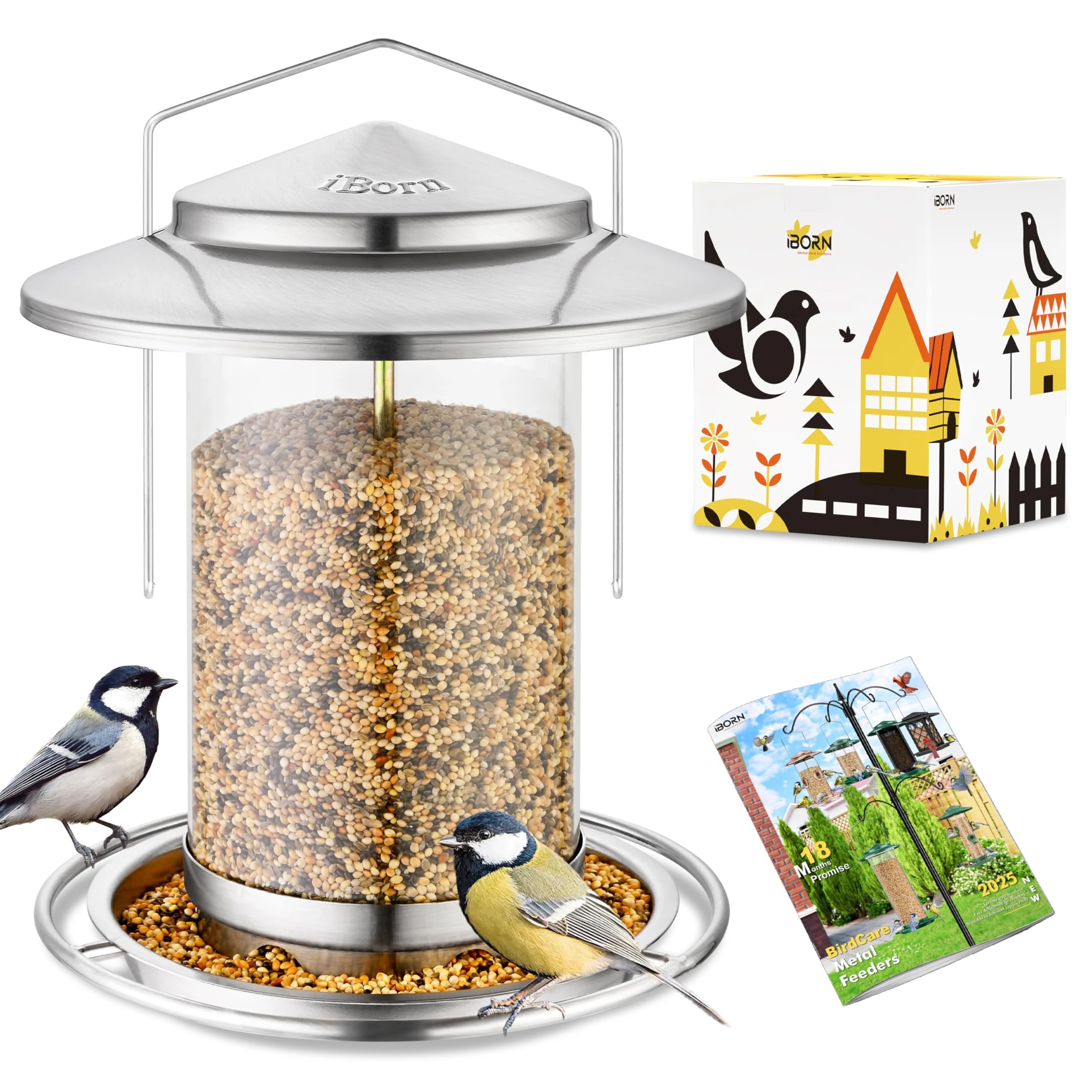 iBorn Metal Bird Feeder for small birds, Easy Clean, Hanging Bird Seeds With Gift Box, 3-Second Refill Bird Feeder, Nickle 6 Port (Seed is not Included)