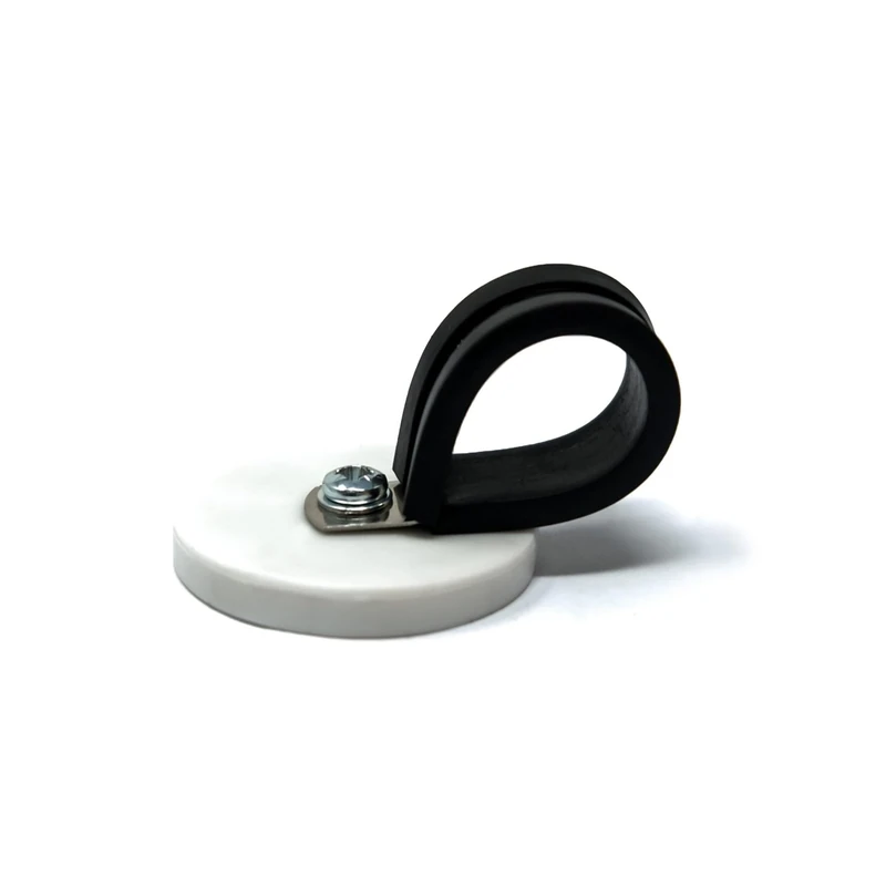 43mm dia x 6mm high Rubber Coated Cable Holding Magnet With 22mm Rubber Clamp (White) - 8kg Pull (Pack of 10)