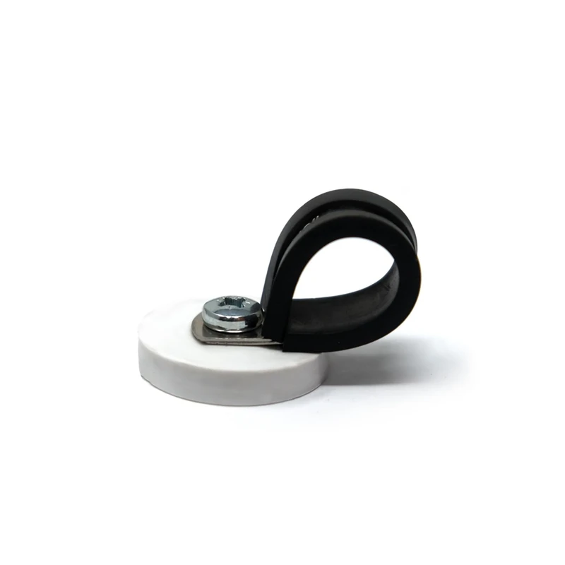 31mm dia x 6mm high Rubber Coated Cable Holding Magnet With 16mm Rubber Clamp (White) - 5.7kg Pull (Pack of 10)