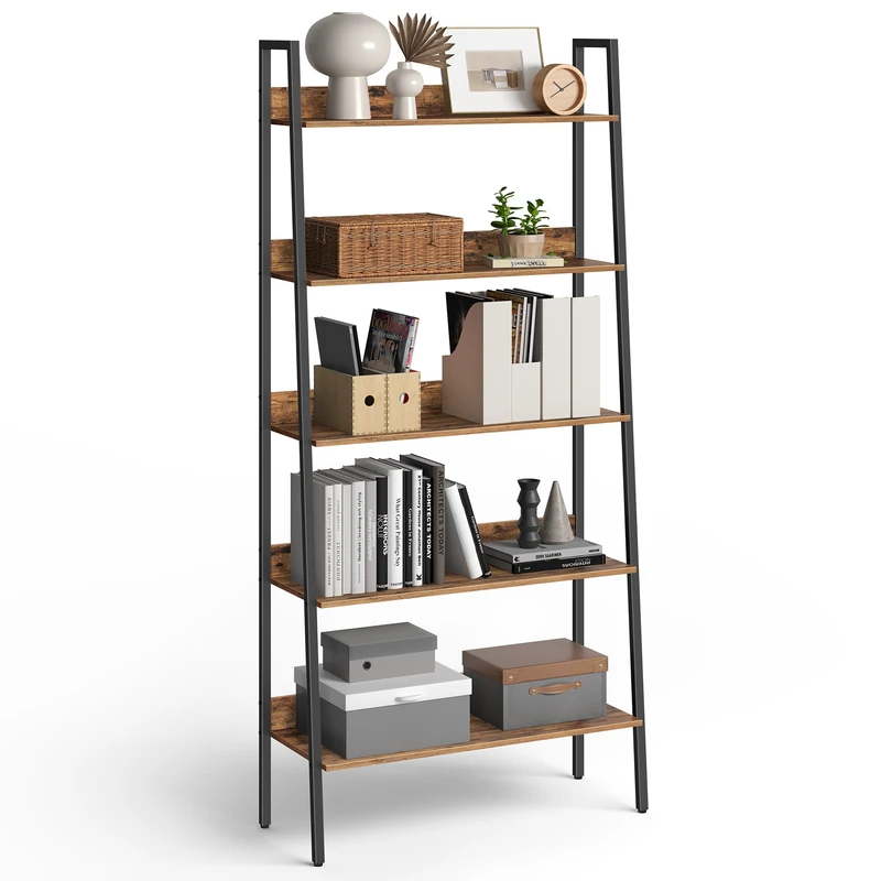 VASAGLE LLS129B01 5 Tier Narrow Ladder Shelf for Home Office, Living Room, Bedroom, Kitchen, Industrial, Rustic Brown and Ink Black