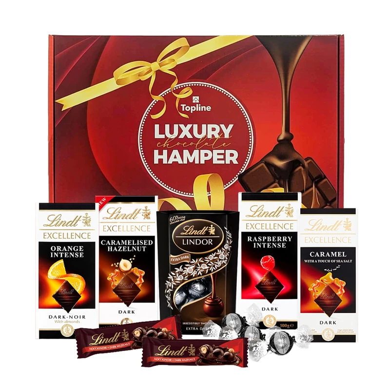 Dark Lindt Chocolates Hamper Gift Box - Irresistible Smooth 4 x 100g Caramel, Orange, Raspberry & Hazelnut Flavour Chocolate Bars, Truffles 200g & 2x35g Hazelnut Bars. Christmas Gifts for Women