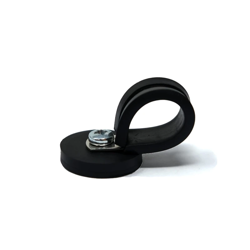 31mm dia x 6mm high Rubber Coated Cable Holding Magnet With 19mm Rubber Clamp (Black) - 5.7kg Pull (Pack of 10)