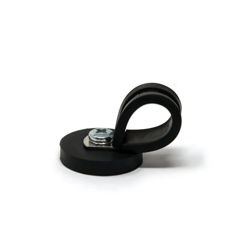 31mm dia x 6mm high Rubber Coated Cable Holding Magnet With 16mm Rubber Clamp (Black) - 5.7kg Pull (Pack of 10)