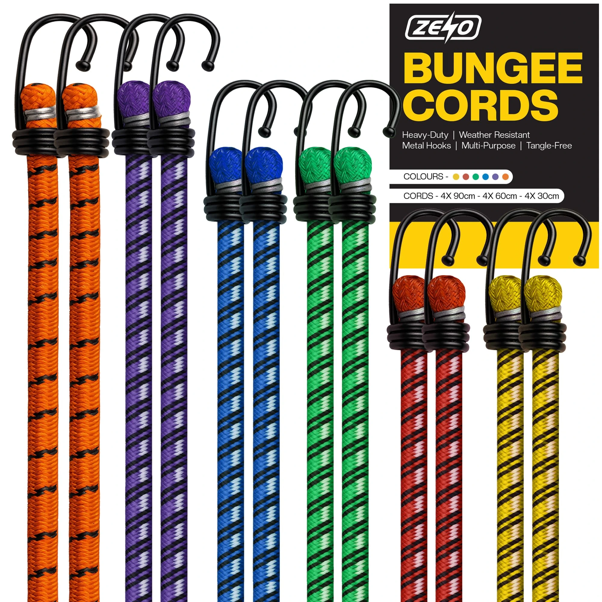 ZENO Bungee Cords With Hooks 12 PCS | Bungee Straps | Heavy Duty Bungee Cord | Weatherproof & UV-Resistant Elastic Bungee Straps | Double Braided Bungee Cords for Securing Tarp, Luggage, Tents, Bikes