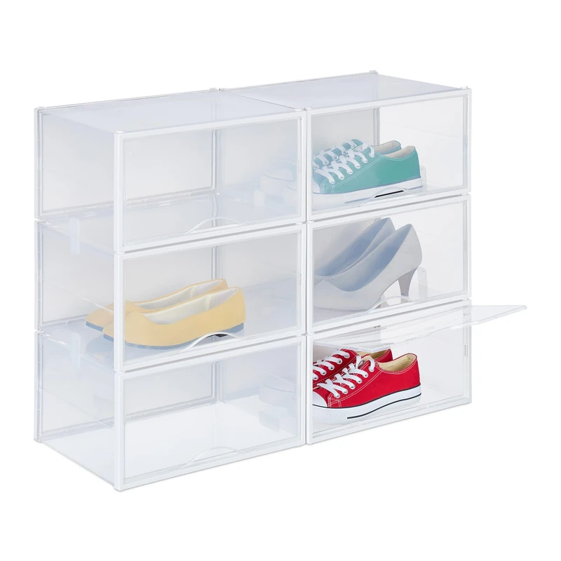 Relaxdays 6X Shoe Box, Footwear Storage, Stackable with Connectors, up to Size 48, HWD: 19 x 34.5 x 27 cm, Transparent