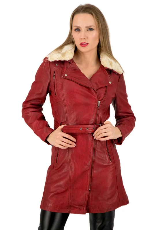 URBAN 5884 Women's Milou Leather, Thigh Length Coat Made of Real Lambskin, Soft-Touch Winter Jacket, red, L