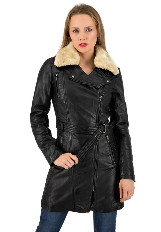 URBAN 5884 Women's Milou Leather, Thigh Length Coat Made of Real Lambskin, Soft-Touch Winter Jacket, Black, XXL