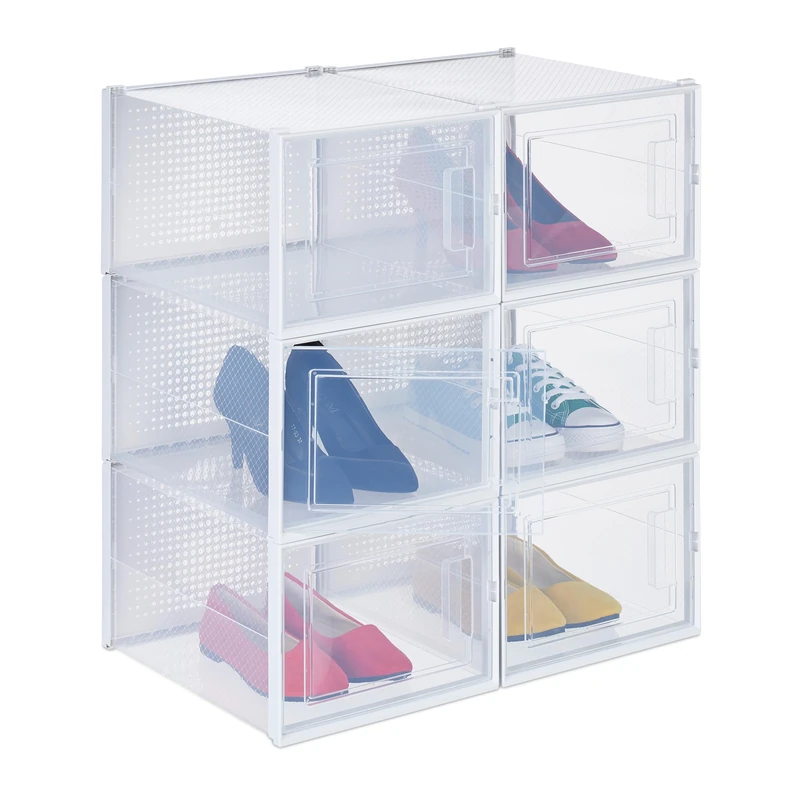 Relaxdays 6X Shoe Box, Footwear Organiser, Stackable, Plug-in, Size 48, Ventilation Slots, 21 x 28 x 36 cm, Transparent