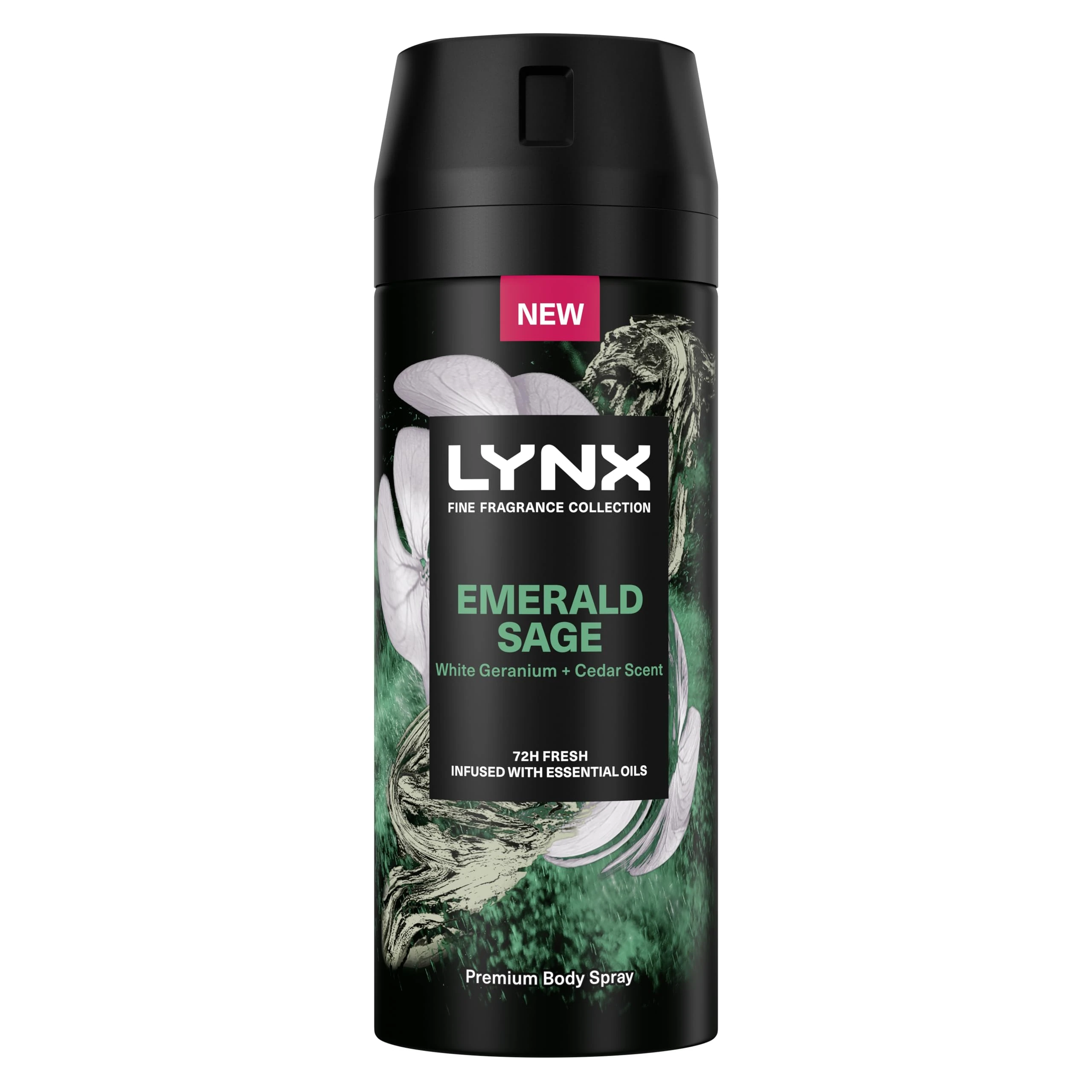 Lynx Fine Fragrance Collection Emerald Sage Premium Deodorant Body Spray Antiperspirant for 72 hours of freshness, infused with sage, cedar & patchouli essential oils 150 ml
