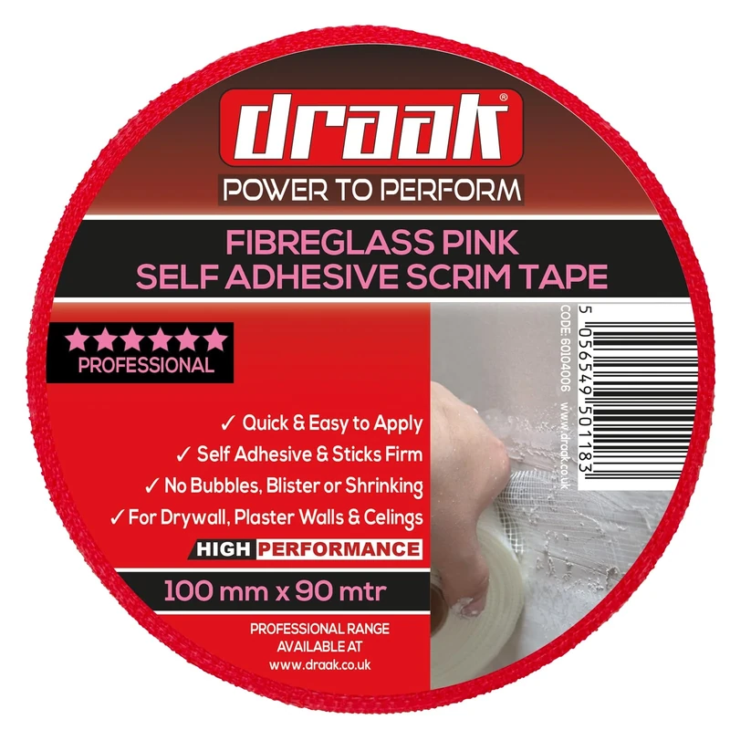 DRAAK Scrim Tape 100mm x 90mtr Long PINK Plasterboard Mesh Joint Scrim Drywall Fibre Glass Self Adhesive, Wall Hole Or Crack Repair (1, 100mm Pink)