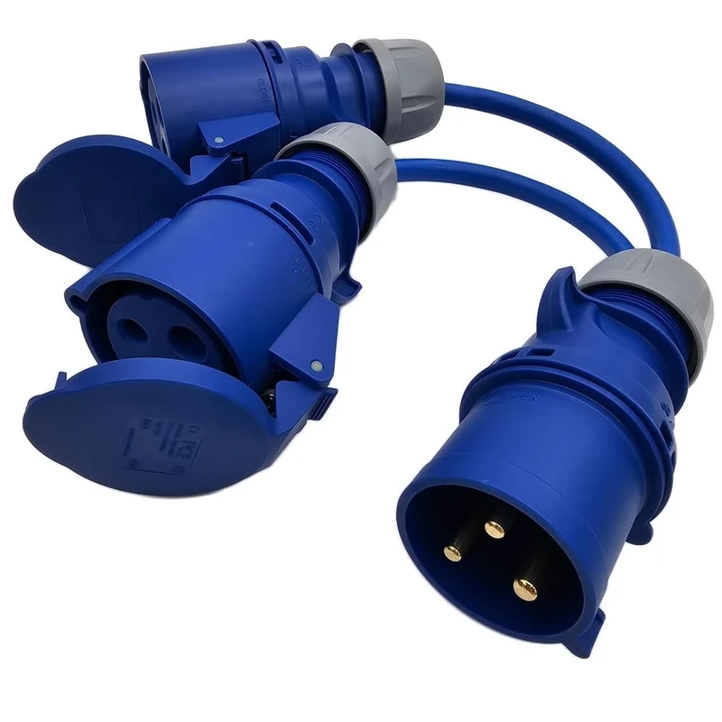 UK Made 32 Amp 230 Volt Two Way Splitter. 2 to 1 32A CEE Commando Plug to 2 32A Sockets Connect Multiple Devices to a Single Outlet