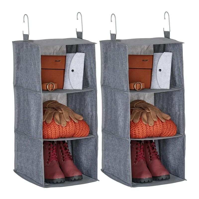 Relaxdays Set of 2 Wardrobe Hanging Shelf, 3 Compartments, Fabric, 73 x 30 x 30 cm, 2 Hooks each, Closet Storage, Grey, Polyester