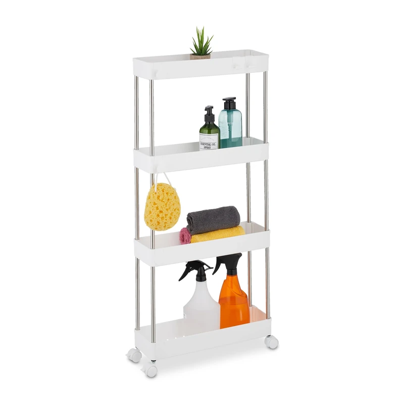 Relaxdays Niche Trolley, 4 Shelves, Narrow Kitchen & Bathroom Cart, HxWxD: 88 x 41.5 x 23.5 cm, Rolling Shelf, White, 88 x 41.5 x 14.5 cm