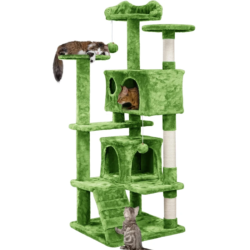 Yaheetech 138.5cm Cat Tree Tower Scratching Posts Multilevel Cat Climbing House with Condos & Ladder Pet Activity Centre for Indoor Kittens, Green