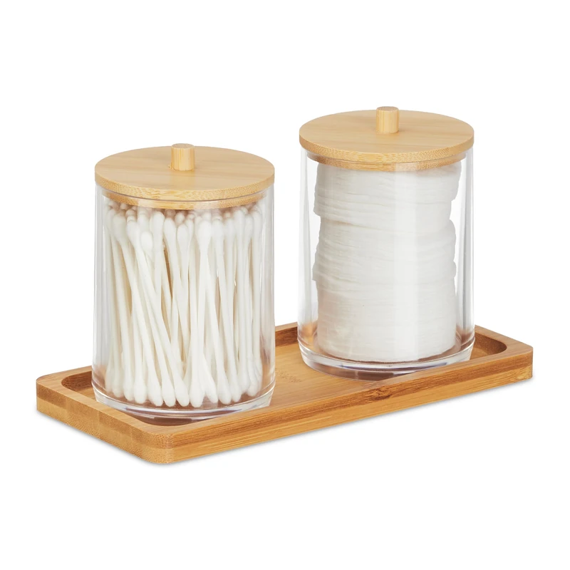 Relaxdays Bathroom Container Set, Tray, 2 Cups, Bamboo Lids, Cosmetic Organiser, 11 x 19 x 9 cm, Transparent/Natural