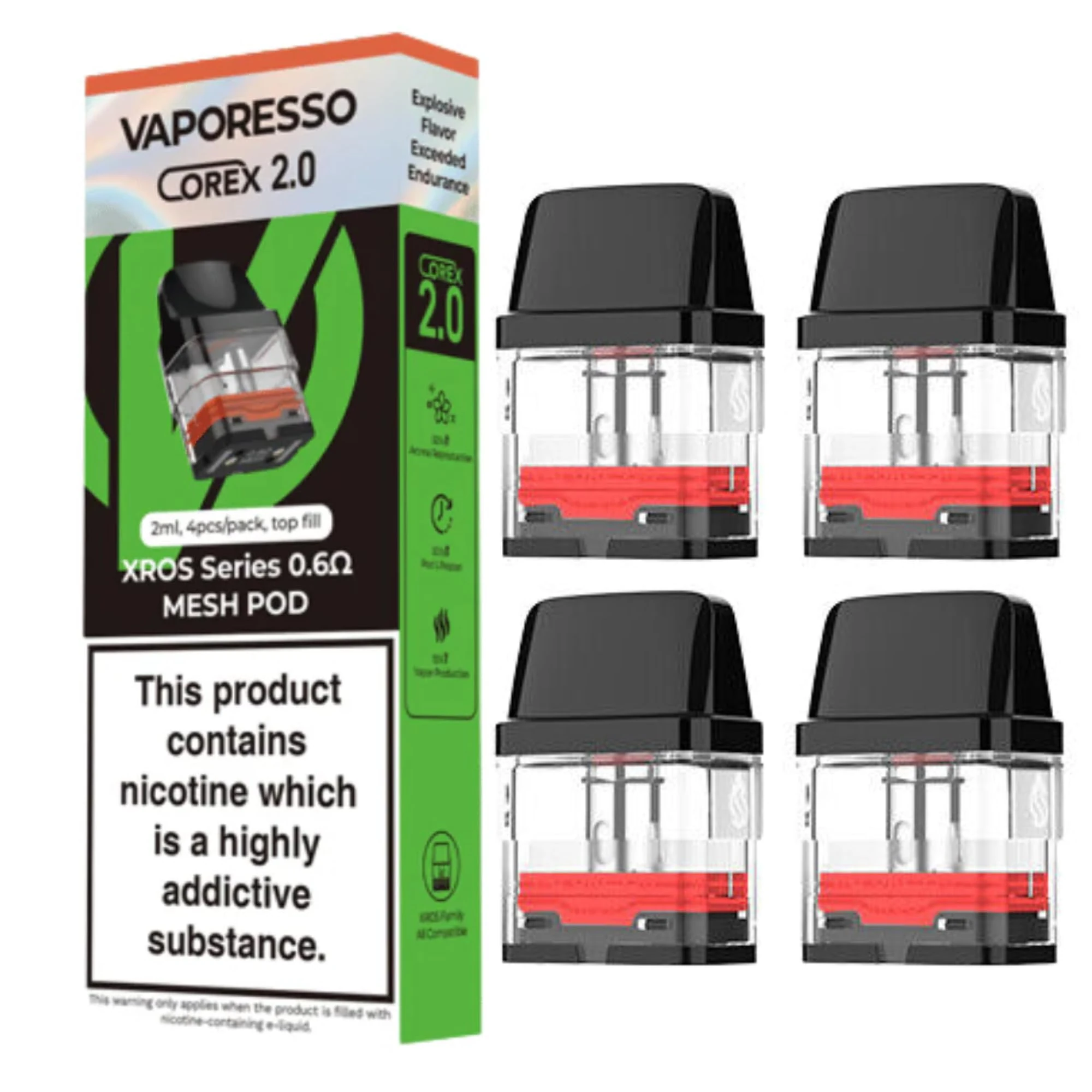 Vaporesso Xros 2 Pods (0.6) Compatible With Vaporesso Xros Pod Kit - Pack of 4 Corex Vape Pods - 2ml No Nicotine (0.6ohm)