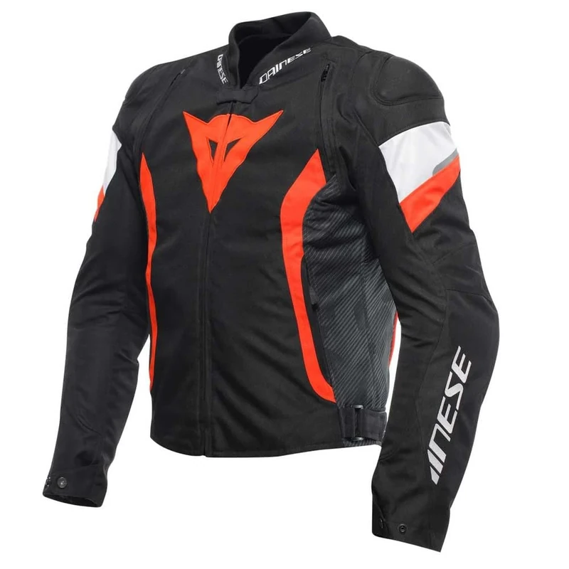 Dainese - Avro 5 Tex Jacket, Fabric Motorcycle Jacket with Shoulder Protectors, Men, Black/Fluo Red/White, 60