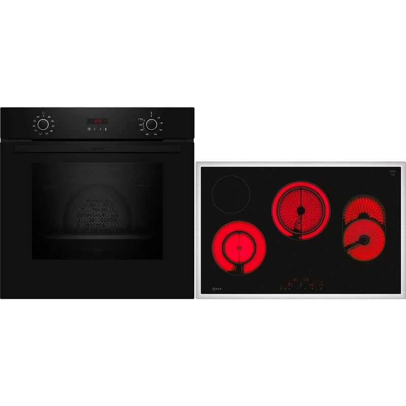 Neff Set BX48PB B2CCG6AK0 Built-in Oven with CircoTherm, 60 x 60 cm, Black, N 30 and T18SDH9L0 Self-sufficient Electric Hob, 80 cm, Black with Frame, N 70
