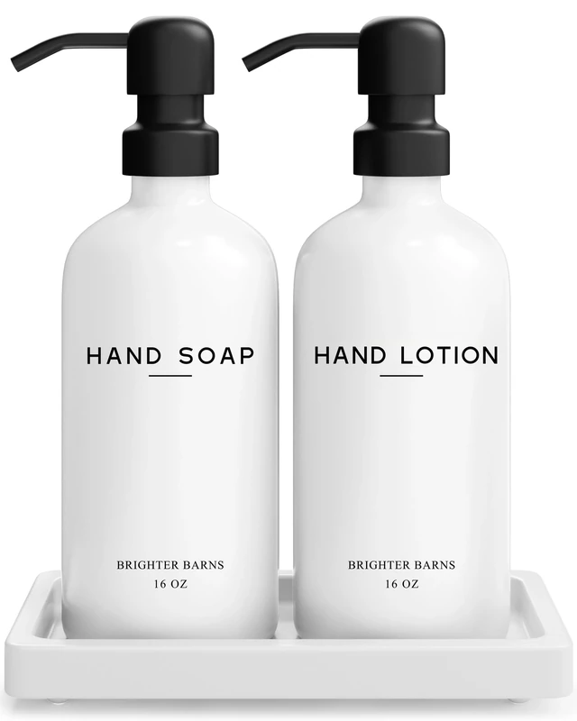 Brighter Barns White Glass Soap & Lotion Dispenser Set with Tray - Stainless Steel Pump for Home or Vacation Rental - Bathroom Accessories & Decor