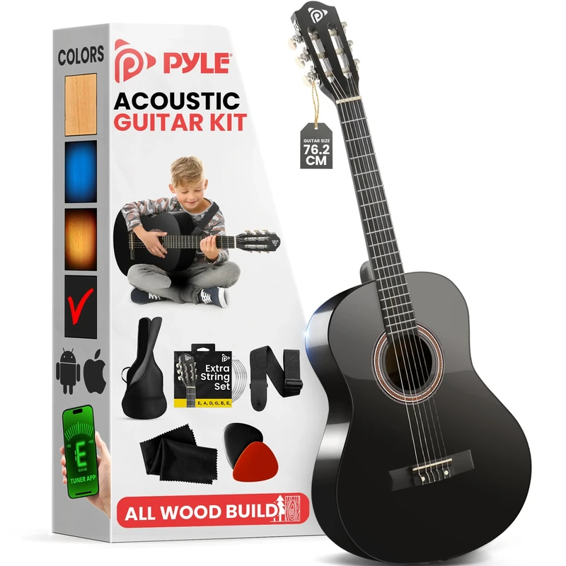 Pyle Beginner Acoustic Guitar Kit, 1/4 Junior Size All Wood Instrument for Kids, Adults, 76.2 cm (30") Black Matte