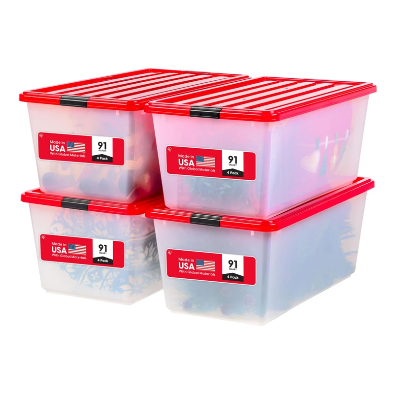 IRIS USA 91 Qt/22.75 Gal Stackable Nestable Plastic Christmas Storage Bins Organizer with Lids and Latching Buckles, 4-Pack, Containers with Lids, Christmas Decoration Light Storage, Clear/Red