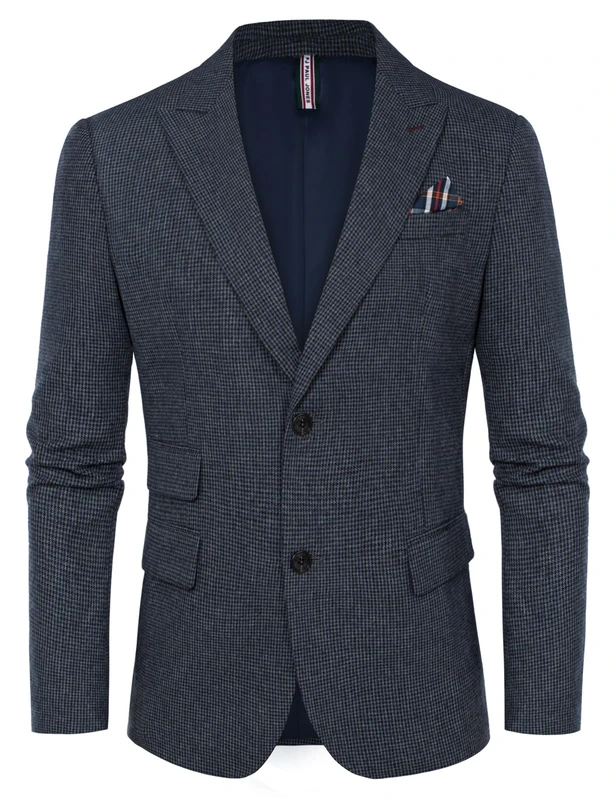 PJ PAUL JONES Men's Vintage Herringbone Tweed Blazers British Wool Blend Sport Coat Jacket, Dark Blue Houndstooth, S