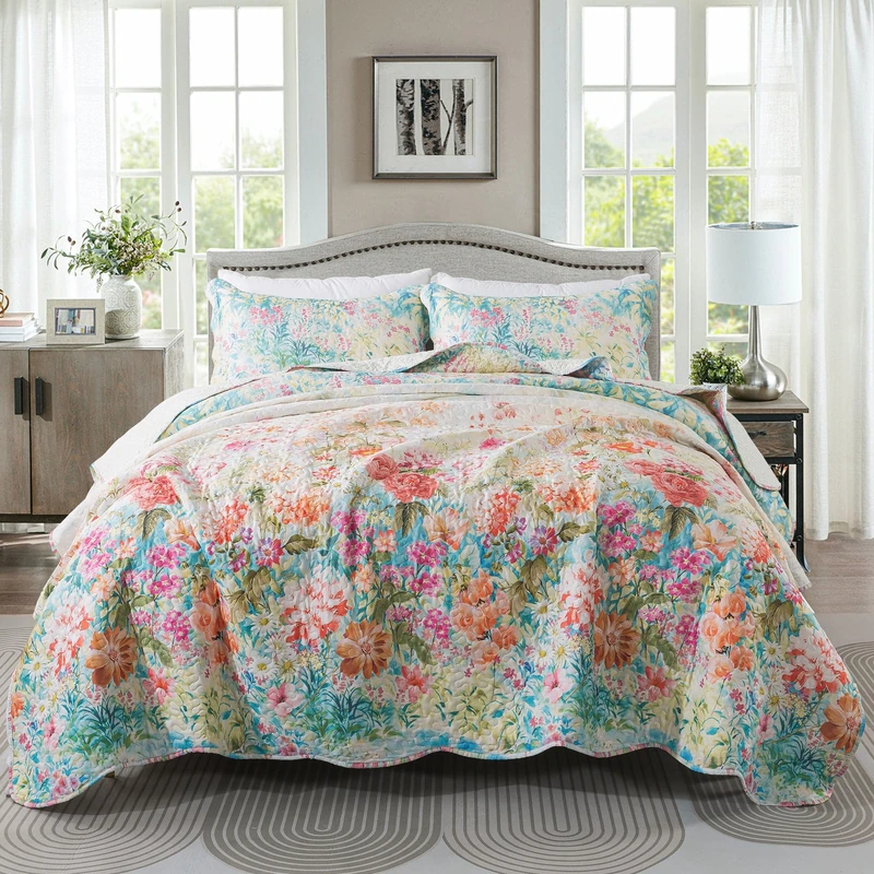 HoneiLife King Quilt Bedding Set - Floral Quilt Sets 3-Piece, Wildflower Bedspreads for King Bed, Microfiber Coverlets Botanical Bed Cover Quilts - Dream Garden, Coral Pink