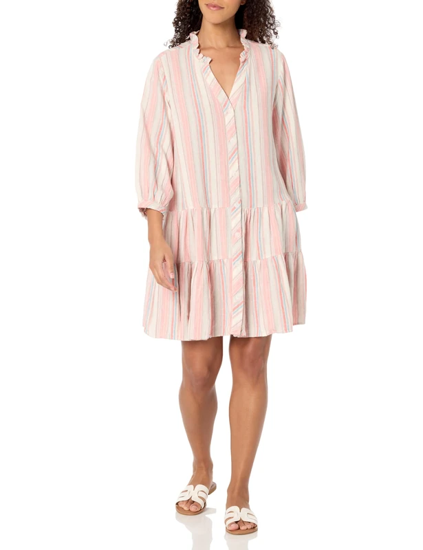 Tommy Hilfiger Women's Long Sleeve Button Front Shirt Dress, Coral Multi, L - Image 1