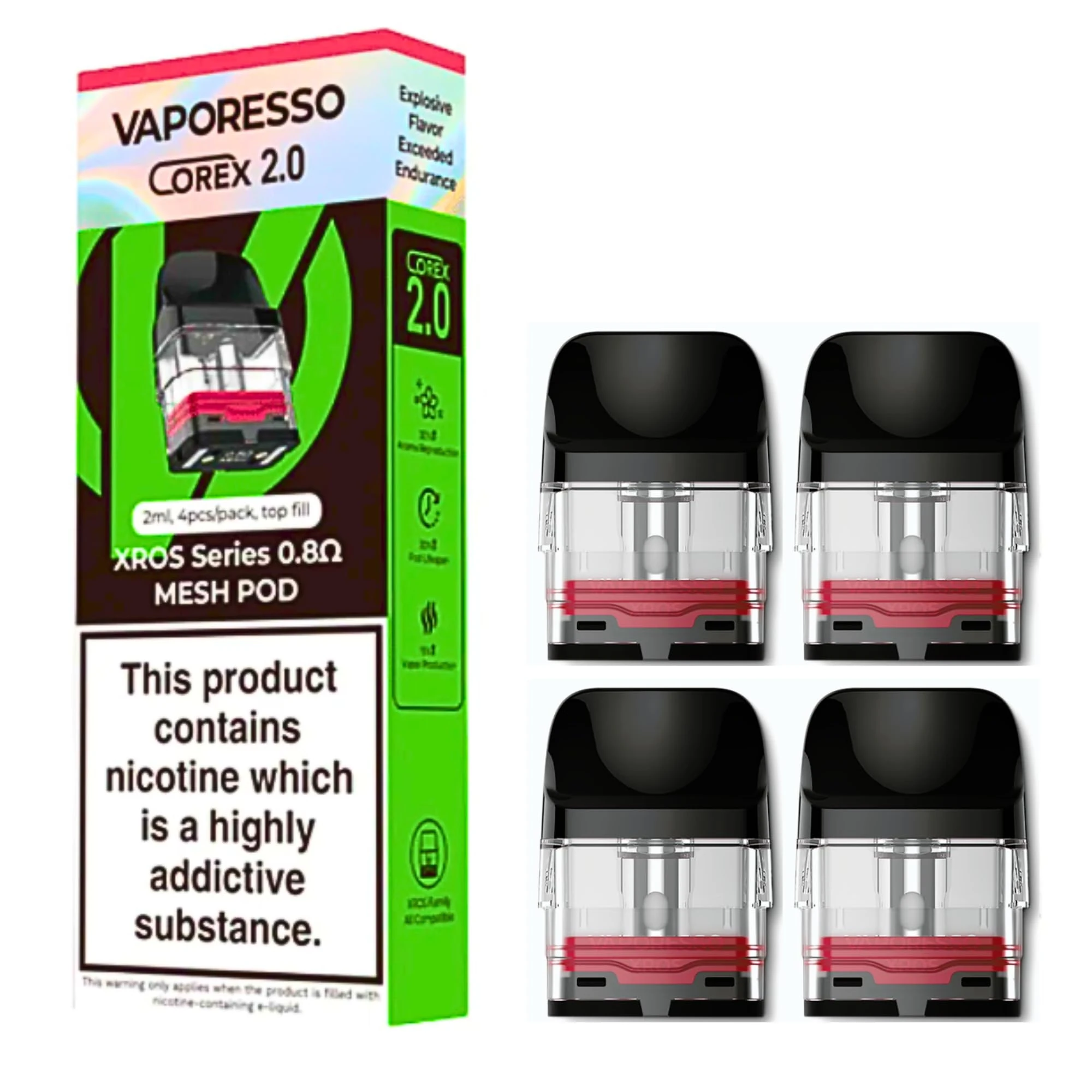 Vaporesso Xros 2 Pods, Xros 0.8 Pod Compatible with Vaporesso Xros Pod Kits - Pack of 4 Corex 2.0 Pods - 2ml (0.8ohm)