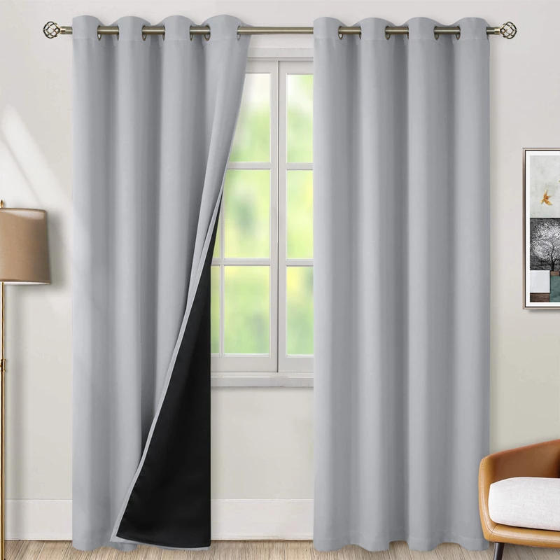 BGment Thermal Insulated 100% Blackout Curtains for Bedroom with Black Liner, Double Layer Full Room Darkening Noise Reducing Grommet Curtain (46 x 90 Inch, Light Grey, 2 Panels)
