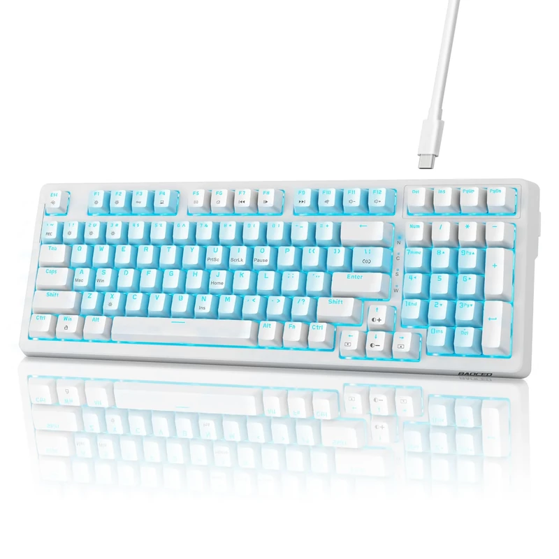 baoced Mechanical Gaming Keyboard, Full Size 98 Anti-Ghosting Keys Red Switch Keyboards with Icy Blue Backlight Wired Detachable USB Type-C Gaming Keyboard with Adjustable Kickstand