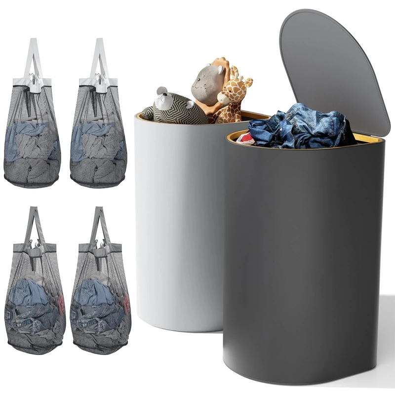 HELLKOPF 2 Laundry Baskets with Lid - 140L Laundry Bins - 4 Removable Laundry Bags - Light Grey and Dark Grey Collapsible Laundry Hamper for Bedrooms, Laundry