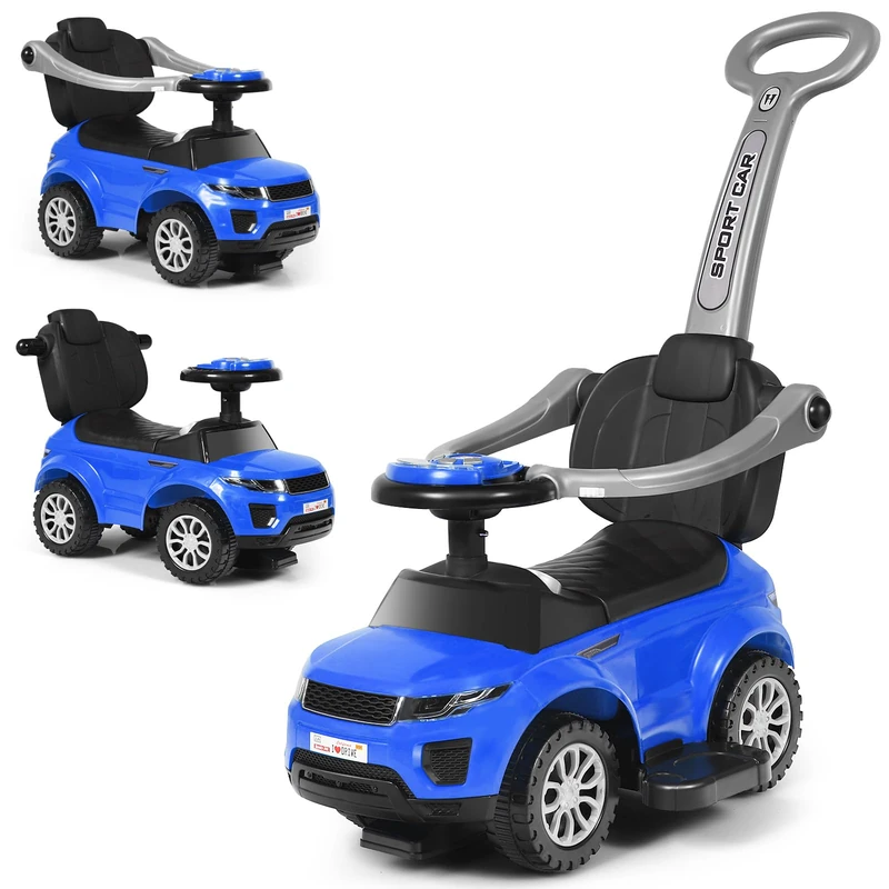 GYMAX 3 in 1 Kids Ride on Push Car, Push Along Car with Handle, Guardrails, Lights, Horn & Music, Underneath Storage, Toddler Sliding Toy for 1-3 Years Old Boys Girls (Blue)