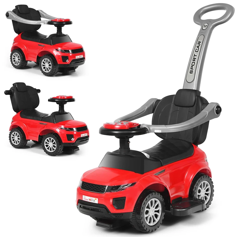 GYMAX 3 in 1 Kids Ride on Push Car, Push Along Car with Handle, Guardrails, Lights, Horn & Music, Underneath Storage, Toddler Sliding Toy for 1-3 Years Old Boys Girls (Red)