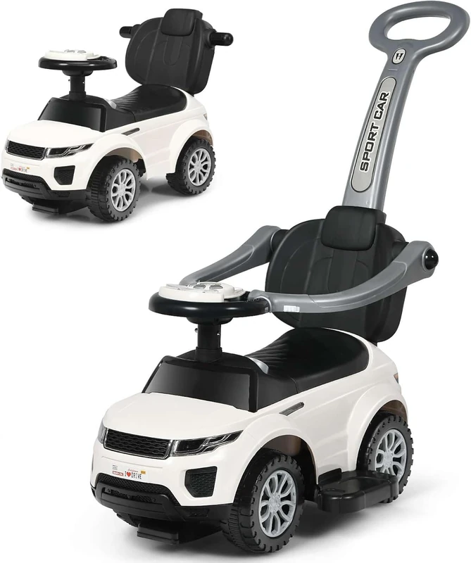 GYMAX 3 in 1 Kids Ride on Push Car, Push Along Car with Handle, Guardrails, Lights, Horn & Music, Underneath Storage, Toddler Sliding Toy for 1-3 Years Old Boys Girls (White)