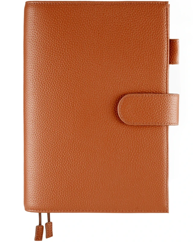 Ox Knight A5 Leather Planner Cover for Hobonichi Cousin, Stalogy, Midori, Leuchtturm1917, and More - with Pen Loop, Card Slots, Back Pocket, and Bookmarks (Brown)