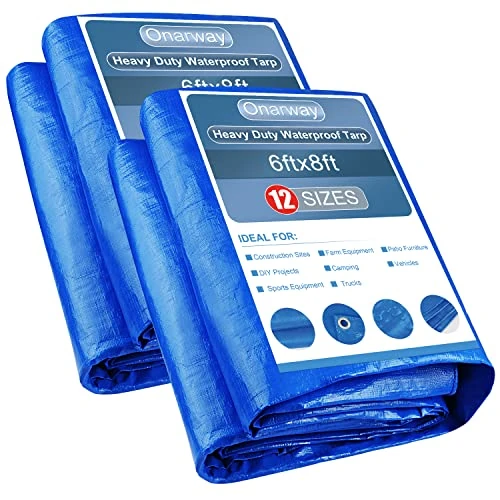 Onarway Poly Tarps Heavy Duty Waterproof: 2 Packs Tarpaulin 11Mil Thicken 6x8 Ft - Anti-UV Waterproof Tarp Cover with Grommets Multipurpose for Boat Pool Roof Outdoor