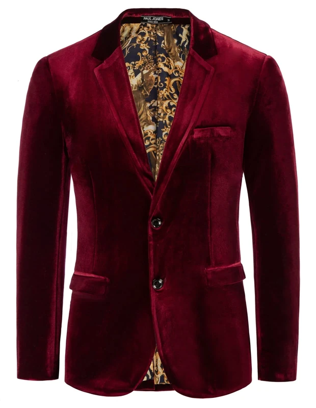 Men's Exclusive Velvet Blazer Two Buttons Suitable for Prom and Christmas Jacket S Red-Wine 310-1
