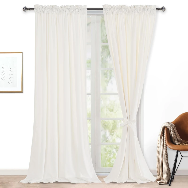 Hiasan Ivory White Velvet Curtains for Living Room - 96 inches Long Light Blocking Soft Curtain Panels Privacy Rod Pocket Window Drapes with Tiebacks for Sliding Glass Door, 52W x 96L, 2 Panels