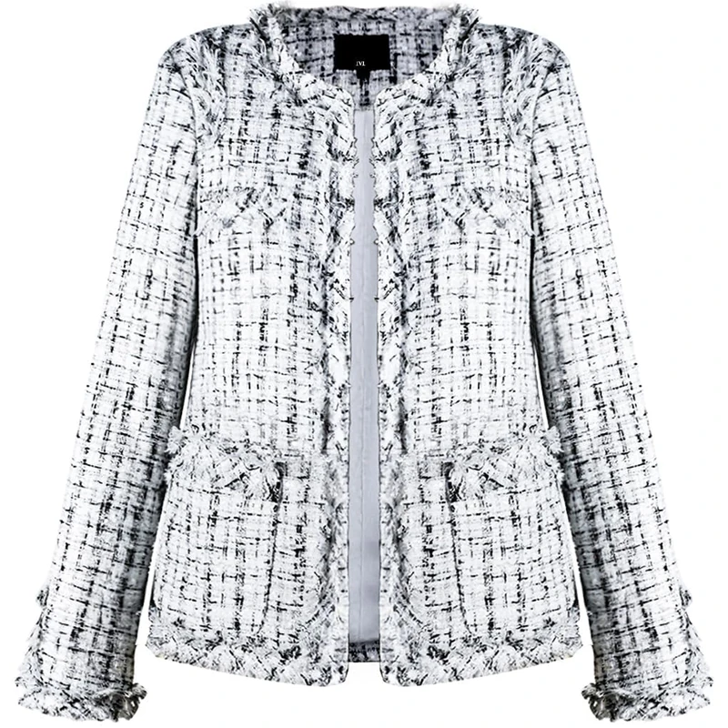 Leyoutx Women's Collarless Plaid Tweed Blazer Elegant Open Front Fringed Casual Business Glitter Jacket, White, L