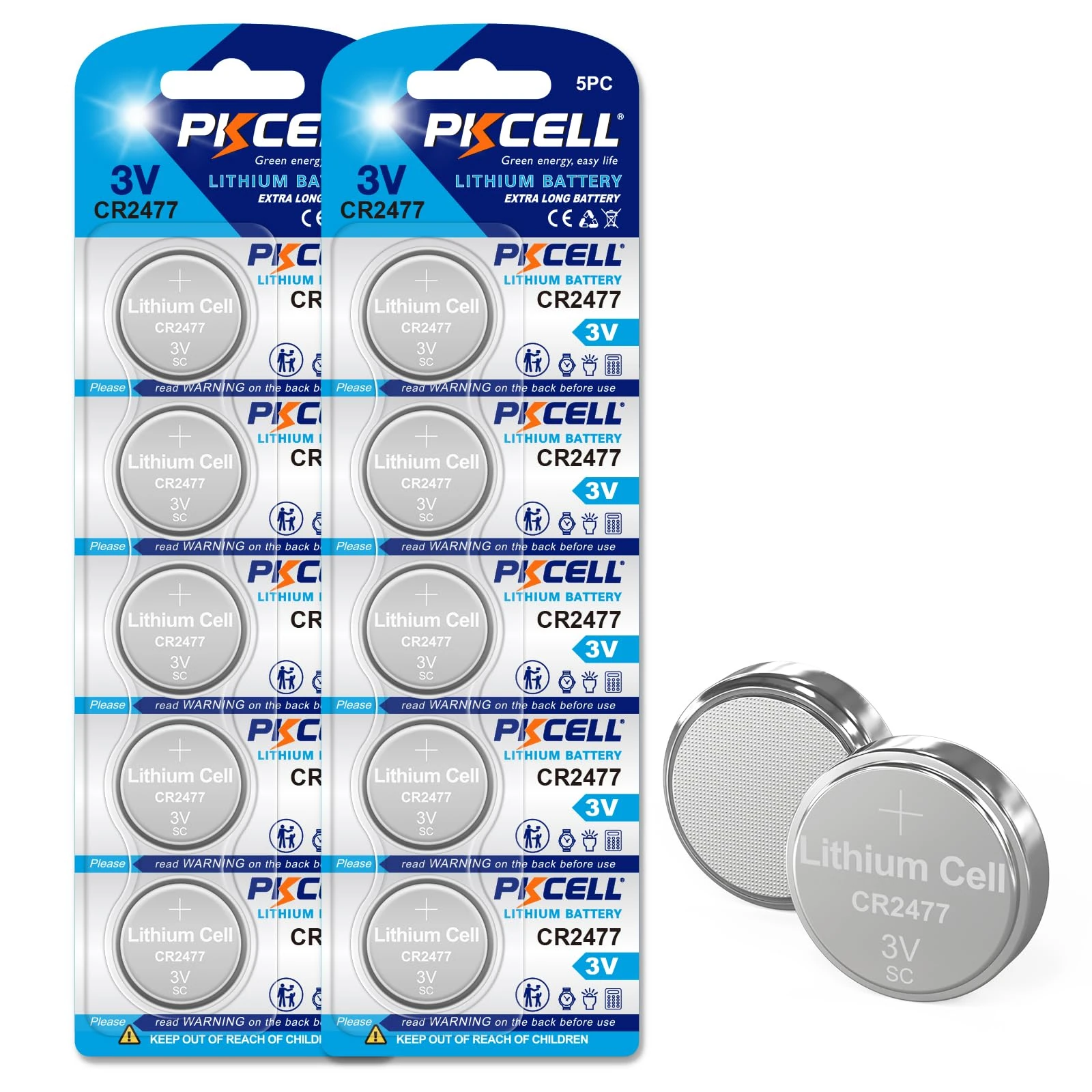 PKCELL CR2477 Battery 3V Lithium Button Cell Batteries for Electronic Candle, Key Fob, Light, Remote Control and Contact Sensor - 10 Pack