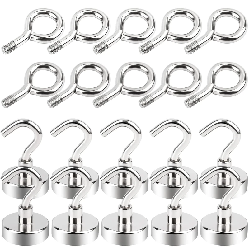 MIN CI 10 + 10 Pieces Magnetic Hooks, Extra Strong Neodymium Magnets, 25 mm, 22 kg Capacity, Rustproof, 2 Types, Round Hooks for Camping, Garage