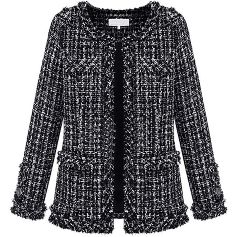 Leyoutx Women's Collarless Plaid Tweed Blazer Elegant Open Front Fringed Casual Business Glitter Jacket, Black, S