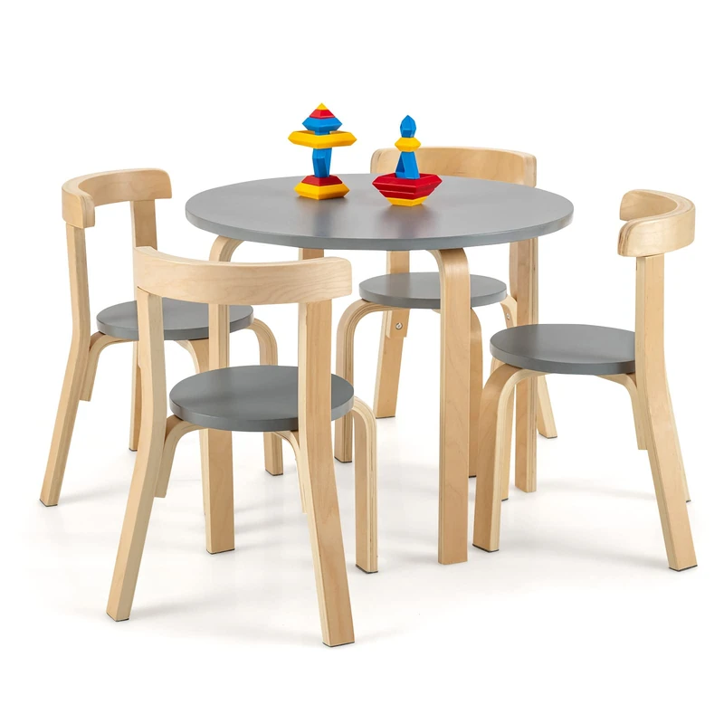 GYMAX Kids Table and 4 Chair, Children Activity Desk with 4 Chairs, 5 Pieces Wooden Toddler Table and Chair Set for Playroom Bedroom (Grey+Natural, Without Storage Space: 60 x 60 x 50cm)