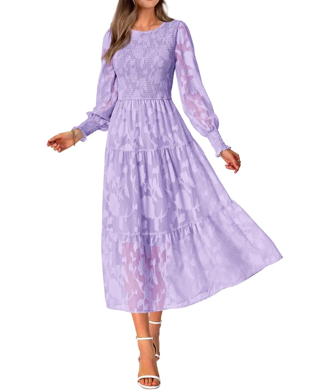 BTFBM Casual Women's 2025 Fall Dresses Elegant Wedding Guest Dress Long Sleeve Floral Midi Dress Flowy Bohemian Long Dress, Light Purple, S
