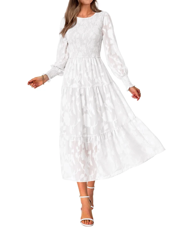 BTFBM Casual Women's 2025 Spring Dresses Elegant Wedding Guest Dress Long Sleeve Floral Midi Dress Flowy Bohemian Long Dress, White, M