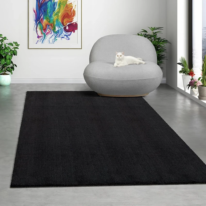 Mias Teppiche Comfort Modern Fluffy Short-Pile Carpet, Anti-Slip Backing, Washable up to 30 Degrees, Super Soft, Faux Fur Look, Black, 160 x 220 cm